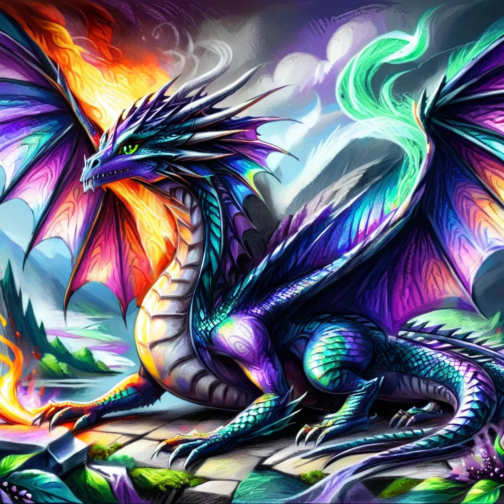 cr4y0n, colorful illustration, majestic dragon, fantasy, breathing fire, purple scales <lora:Colorful_Crayons:1>