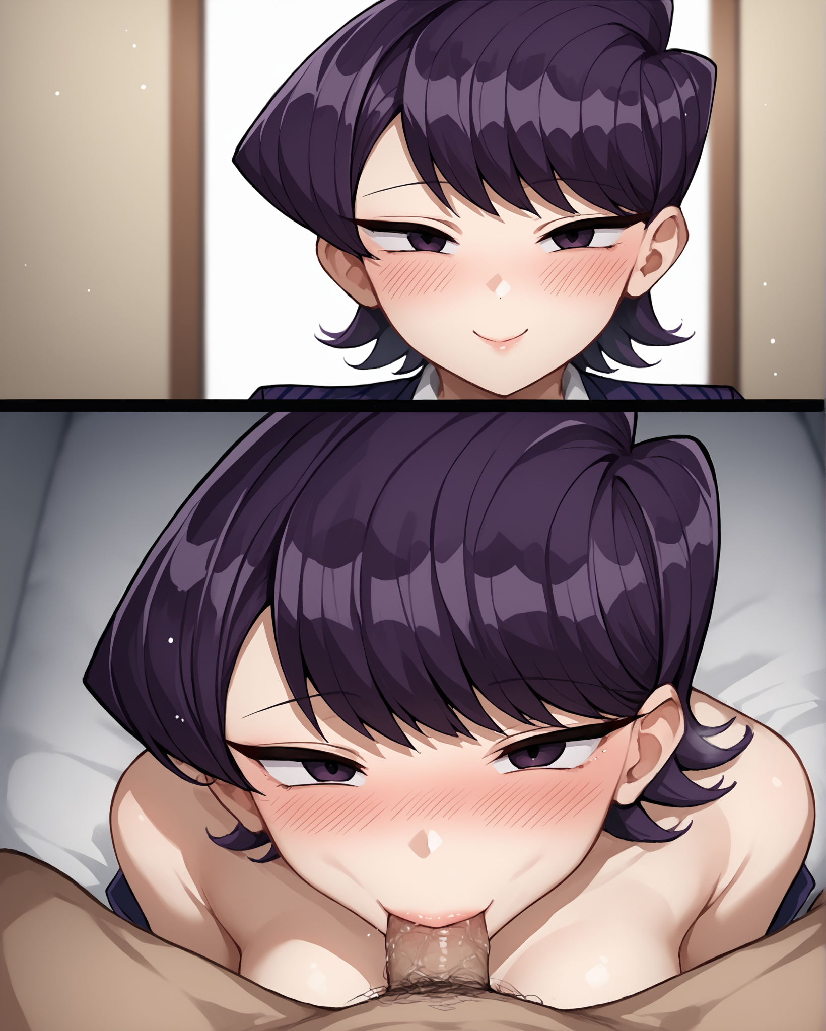 score_9, score_8_up, score_7_up, source_anime BREAK 1girl, komi shuuko, short hair, purple hair, purple eyes, pov, looking at viewer, blush, smile, medium breasts, perky breasts, instant loss, 2koma, pov before and after, fellatio, 1boy, faceless male, male face out of frame, <lora:POV_before_and_after__instant_loss:1>, netorare, cheating (relationship), rating_questionable