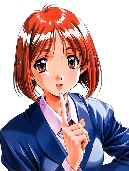 masterpiece,best quality,newest,
1girl,solo,
1990s \(style\),retro artstyle,<lora:yamamoto_rurika_ilxl_v1.0:1>,y_ruruka,short hair,brown hair,brown eyes,r_clothes,blue jacket,long_sleeves,<lora:Fixhands_anime_bdsqlsz_V1:1>,face_focus,looking_at_viewer,white background,simple_background,standing,upper_body,shushing,:d,portrait,
