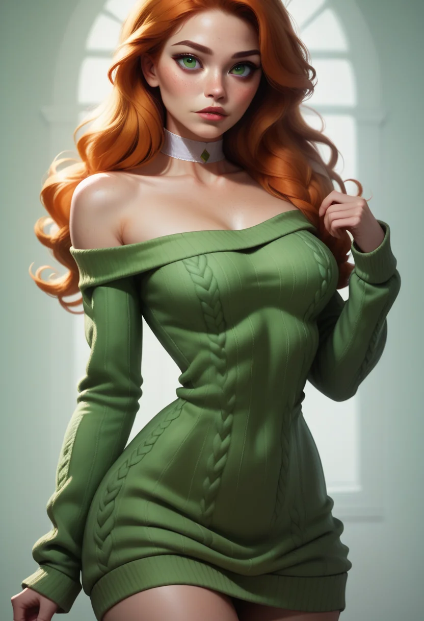 score_9, score_8_up, score_7_up,
1girl, solo, cowboy shot, sexy sweater dress, green dress, scoop neck, long sleeves, bare shoulders, white choker,
<lora:Dark_Erin_Pony_v0.1:0.5> d4rk3r1n, orange hair, green eyes,