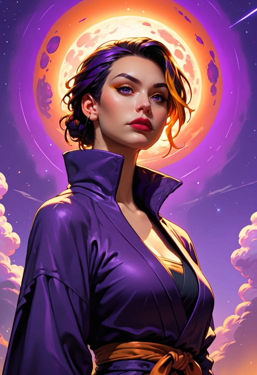 <lora:g0th1cPXL:0.5>g0th1c<lora:TradingCardsPonyXL:0.65>dsktrdcardxl,score_9, score_8_up, score_7_up, score_6_up, solo, source_comic, comic book art, fantasy art, Lenticular, dark and dim, Low Angle, (side view perspective), a woman, (ninja:1.1) woman, with yellow ,amber hair, deep orange ,purple eyes, detailed eyes, with a high collar cyber (Samurai:1.1) jacket, Large linen cape ,super detailed, background is amber , surrounded by a detailed spacescape with translucent dark-amber Highlights, stunning lighting, detailed, highly vibrant, detailed, masterpiece, highly detailed, high quality, score_5_up, score_4_up,