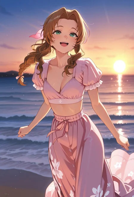 masterpiece,best quality,amazing quality,very aesthetic,absurdres,newest, detailed faces, (((typ0))),, (vibrant, dynamic lighting, edge lighting), (dramatic lighting:1.5),, (detailed faces:1.5), (detailed eyes:1.5), beach, ocean, sunset,
(1girl: FloralAerith, frilled sleeves, puffy sleeves, bow, long skirt, floral skirt, cleavage, short sleeves, midriff, brown hair, braided ponytail, long hair, green eyes, hair ribbon, petite, skinny, slim figure, small teardrop breasts),
smile, excited, running, enjoying