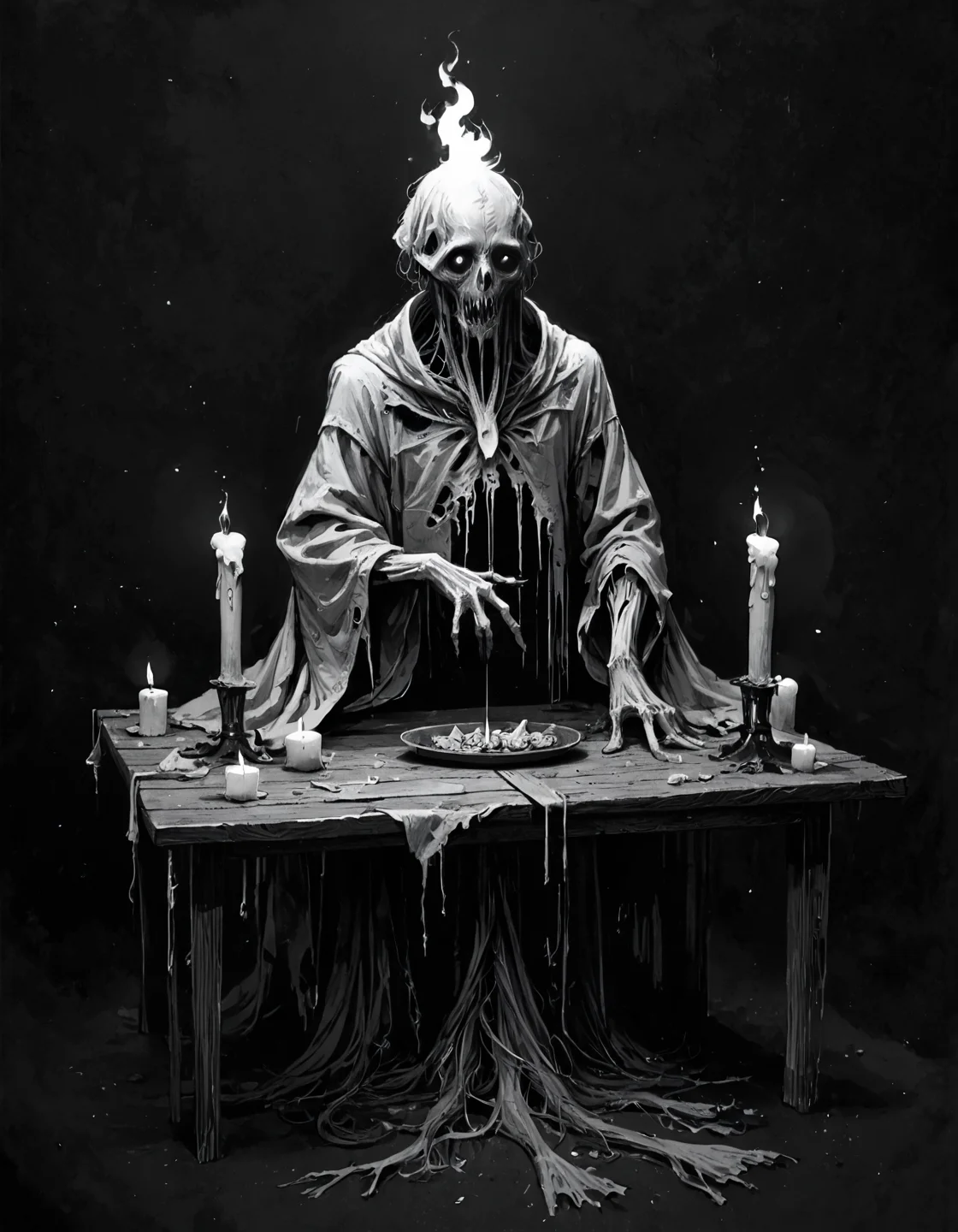 score_9, score_8_up, score_7_up, mm-style, monochrome, black background,(candle), small flame, horror, dark fantasy, full body,candle on a table, <lora:Monochrome_Monsters_Pony:0.8>