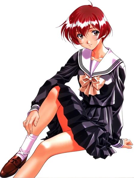 masterpiece,best quality,newest,
1girl,solo,
1990s \(style\),retro artstyle,<lora:nanase_yuuilxl_v1.0:1>,n_yuu,short hair,red hair,brown eyes,y_clothes,serafuku,long sleeves,pleated skirt,white socks,loafers,
<lora:Fixhands_anime_bdsqlsz_V1:1>,looking_at_viewer,smile,white_background,simple_background,sitting,hand on own leg,