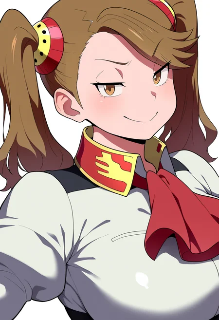 best quality, amazing quality, very aesthetic, absurdres,
1girl, kaoruko, brown hair, brown eyes, twintails, hair ornament,
large breasts, red ascot,
upper body,
smile, looking at viewer, solo, simple background, white background, <lora:KaorukoSazakiNoobXL_byKonan:1>