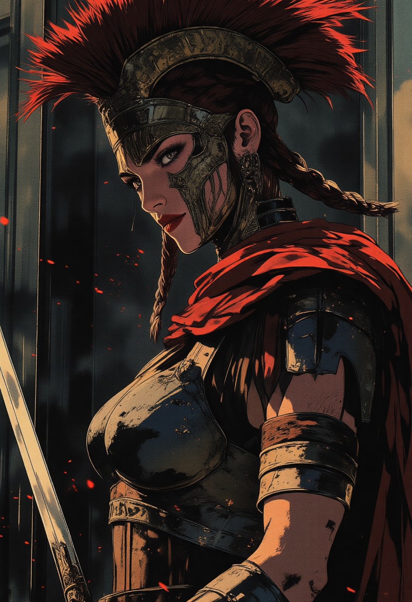 Female Roman soldier, Revenant, war paint, face paint, eye black, glowing eyes, glancing at viewer, in profile, toned arms, braided hair, battle damaged armor, large breasts, breast plate, dark and moody background, adds a dramatic tone, subtle lighting reflections, ray traced, foreshortening, particle effect, Holding a sword,