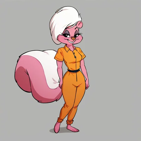 score_9, score_8_up, score_7_up, score_6_up, score_5_up, score_4_up, BREAK, <lora:Bimbette:1>, bimbette, 1girl, solo, breasts, smile, shirt, animal ears, standing, full body, short sleeves, grin, black eyes, furry, orange jumpsuit, skunk girl, furry female, white hair, pink fur, eyeshadow