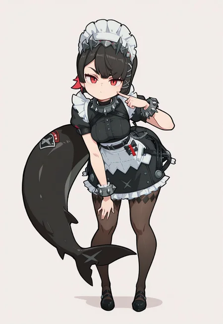 safe_pos, masterpiece, best quality, good quality, very aesthetic, absurdres, newest, diives,, P0l0c2m,, sexy anime, P0l0c2m,,,
1girl, Ellen_Joe, red_eyes, black_hair, short_hair, colored_inner_hair, large_breasts, fish_tail, hair_ornament, hairclip, x_hair_ornament, spiked_hairband, spiked_bracelet, spiked_collar, maid, maid_headdress, black_dress, frills, puffy_short_sleeves, maid_apron, black_belt, bow, brown_pantyhose,
simple background,  
small breasts, tiny waist, wide hips, medium ass,, looking at viewer, full body, standing, bent over, finger to self