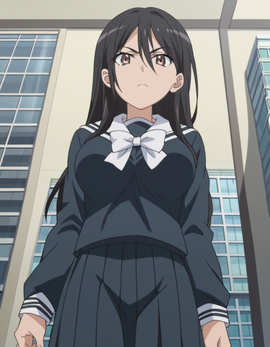 score_9, score_8_up, score_7_up, source_anime, <lora:seiri-fukiyose-indexs2-ponyxl-lora-nochekaiser:1>, seiri fukiyose, long hair, black hair, brown eyes, hair between eyes, anime screencap,, large breasts, skirt, school uniform, serafuku, black shirt, black skirt, long sleeves, white bowtie, white sailor collar, a certain high school uniform, apartment, building, rooms, residents, balconies, , from below, looking at viewer, solo,, dutch angle, cowboy shot