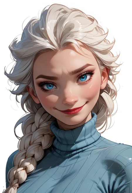 score_9, score_8_up, score_8, score_7_up, score_7, ((close up)), face focus, Expressiveh
BREAK
1girl, solo, ElsaXPL, blue eyes, white hair, long hair, single braid over shoulder, large breasts, broad hips, thick thighs, looking at viewer, head tilt, seductive look, aroused, horny, standing, blue turtleneck sweater, light smile
BREAK
white background
