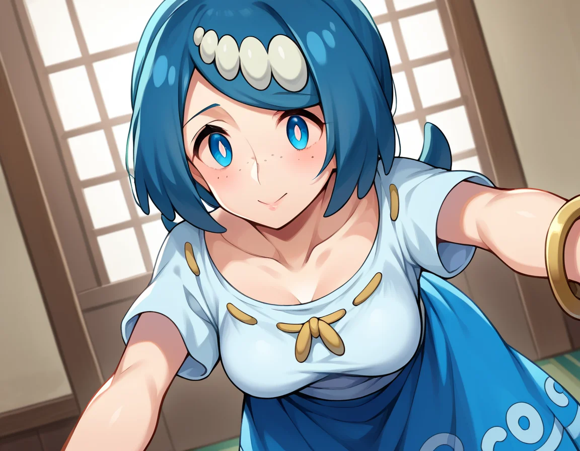 score_9, score_8_up, score_7_up, source_anime,
pokemonmotherlana, <lora:pokemon-mother-lana-ponyxl-lora-nochekaiser:1>
pokemonmotherlana, blue eyes, blue hair, freckles, hair ornament, long hair, swept bangs, bright pupils,
blouse, blue skirt, bracelet, collarbone, dress, jewelry, long skirt, shirt, short sleeves, skirt, white shirt,
indoors, bent over,
looking at viewer, cowboy shot, dutch angle,