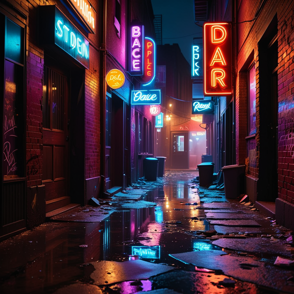 A dark and grimy alleyway behind a dance bar at night, illuminated by dim, flickering neon lights in shades of red and purple. The alley is narrow and lined with aged, graffiti-covered brick walls. Scattered trash and puddles reflecting the dim light create a gritty atmosphere. The scene feels damp and unwelcoming, with faint traces of smoke and steam rising from a nearby vent. Broken glass and discarded items litter the uneven ground. The distant hum of a neon sign and faint sounds of music leaking from the bar add to the urban, moody ambiance of the night.
<lora:SDXLFaeTastic2400:0.4> <lora:extremely_detailed:0.4> extremely detailed, Masterpiece,best quality,hi res,8k,hi res,8k,award winning,(sharp focus, intricate, highly detailed),
