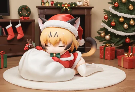 1girl, ((solo)), best quality, ultra-detailed, extremely detailed, perfect anatomy, masterpiece, score_9, score_8_up, score_7_up, Expressiveh, sand cat \(kemono friends\), 1girl, cat girl, cat ears, blonde hair, short hair, cat tail, christmas tree, christmas decoration, christmas ornaments, underneath Christmas tree background, indoors, santa cosplay, santa outfit, santa hat, santa's sack, Christmas outfit, giant sack of presents, fully clothed, Christmas themed thighhighs, thighhighs, elbow gloves, bowtie, santa's sack of presents, red ribbon collar, Christmas presents, Christmas themed, living room, fireplace, (chibi), cute, adorable, closed eyes, sleeping, smiling, laying on side, side view, tail_accessory, mistletoe_on_tail, mistletoe, closeup,