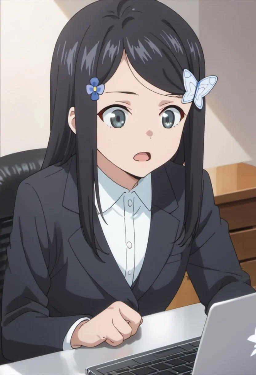 score_9, score_8_up, score_7_up, source_anime, yamano mitsuha, black hair, long hair, grey eyes, 1girl, solo, hair ornament, computer, laptop, anime coloring, butterfly hair ornament, open mouth, formal, suit