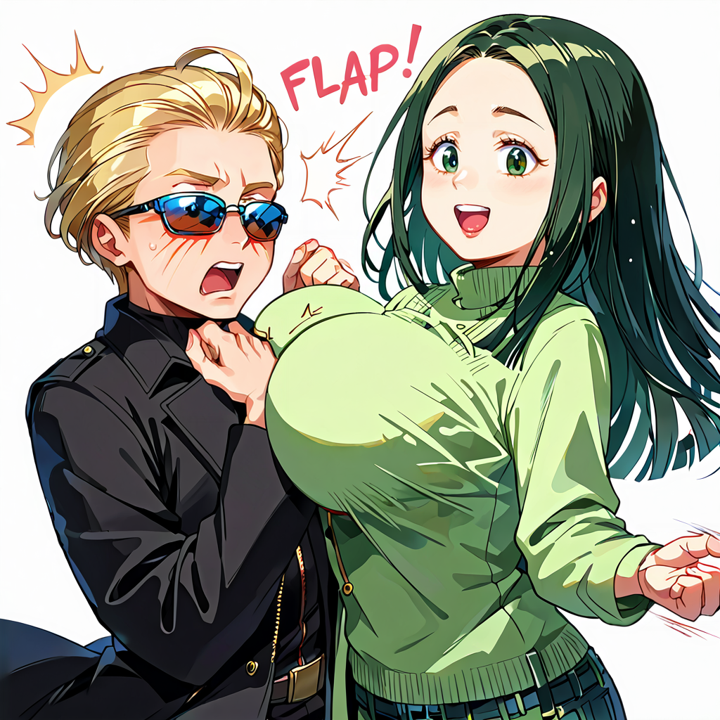 score_9, score_8_up, score_7_up, score_6_up, source_anime, rating_safe, <lora:_sdxl-chichibinta-pony:0.5> (((chichibinta, body turn and tits swinging, slap someone with swinging boobs, tits slap, couple, hetero, duo, from side, head on breasts, head between breasts, motion lines, open mouth, surprised, face to breasts, breast smother, bumping on breasts, run into someone breasts))),
BREAK (<lora:albertwesker-guy-PONYv1:1> albertwesker, albert wesker, 1boy, blonde, black gloves, sunglasses, belt, pants, long coat, trench coat, black coat, black pants, toned, athletic, fit, slicked back hair, black turtleneck, zipper, mature male, looking at another, ((head on another breasts, being slapped by another breasts, head between another breasts, open mouth, surprised, breast smother, run into someone breasts))),
BREAK (1girl, (curly hair), long hair, (black hair), mature female, (parted hair:1.7), (round face), (no_bangs:1.3), (no_fringe:1.6), looking at viewer, (thick eyebrows:0.9), (plump, curvy), round-chin, breasts, caucasian, down-turned eyes, (forehead:0.65), <lora:ETO_OCPonyXL:0.5> eto_oc, skindentation, naughty smile, thick thighs, wide hips, petite, busty, voluptuous, :o, surprised, looking at another, ((breasts on another head, slapping with her breasts))),
