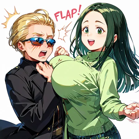 score_9, score_8_up, score_7_up, score_6_up, source_anime, rating_safe, <lora:_sdxl-chichibinta-pony:0.5> (((chichibinta, body turn and tits swinging, slap someone with swinging boobs, tits slap, couple, hetero, duo, from side, head on breasts, head between breasts, motion lines, open mouth, surprised, face to breasts, breast smother, bumping on breasts, run into someone breasts))),
BREAK (<lora:albertwesker-guy-PONYv1:1> albertwesker, albert wesker, 1boy, blonde, black gloves, sunglasses, belt, pants, long coat, trench coat, black coat, black pants, toned, athletic, fit, slicked back hair, black turtleneck, zipper, mature male, looking at another, ((head on another breasts, being slapped by another breasts, head between another breasts, open mouth, surprised, breast smother, run into someone breasts))),
BREAK (1girl, (curly hair), long hair, (black hair), mature female, (parted hair:1.7), (round face), (no_bangs:1.3), (no_fringe:1.6), looking at viewer, (thick eyebrows:0.9), (plump, curvy), round-chin, breasts, caucasian, down-turned eyes, (forehead:0.65), <lora:ETO_OCPonyXL:0.5> eto_oc, skindentation, naughty smile, thick thighs, wide hips, petite, busty, voluptuous, :o, surprised, looking at another, ((breasts on another head, slapping with her breasts))),