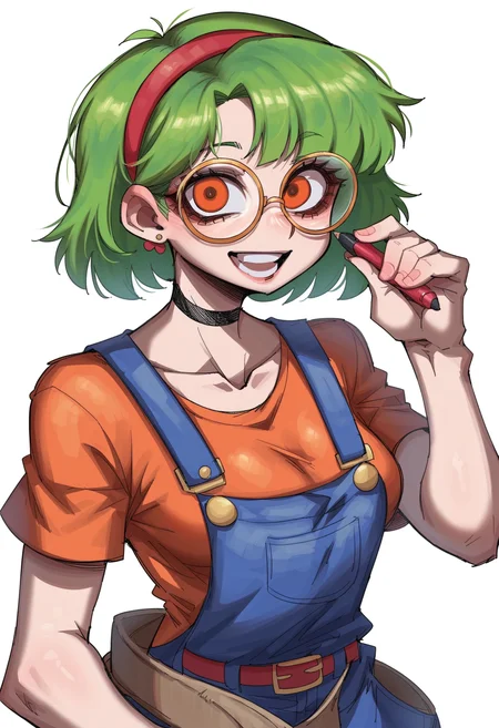 score_9, score_8_up, score_7_up, score_6_up, score_5_up, score_4_up, BREAK
1girl, solo, glasses, pen, smile, green hair, choker, shirt, open mouth, holding, orange eyes, black choker, belt, red hairband, hairband, looking at viewer, short hair, black shirt, simple background, round eyewear, short sleeves, white background, overalls, black-framed eyewear, breasts, teeth, jewelry, earrings, upper body, stud earrings, bow hairband, orange shirt, ribbon, medium breasts, collarbone, bow, red bow
<lora:lord_moku:1>