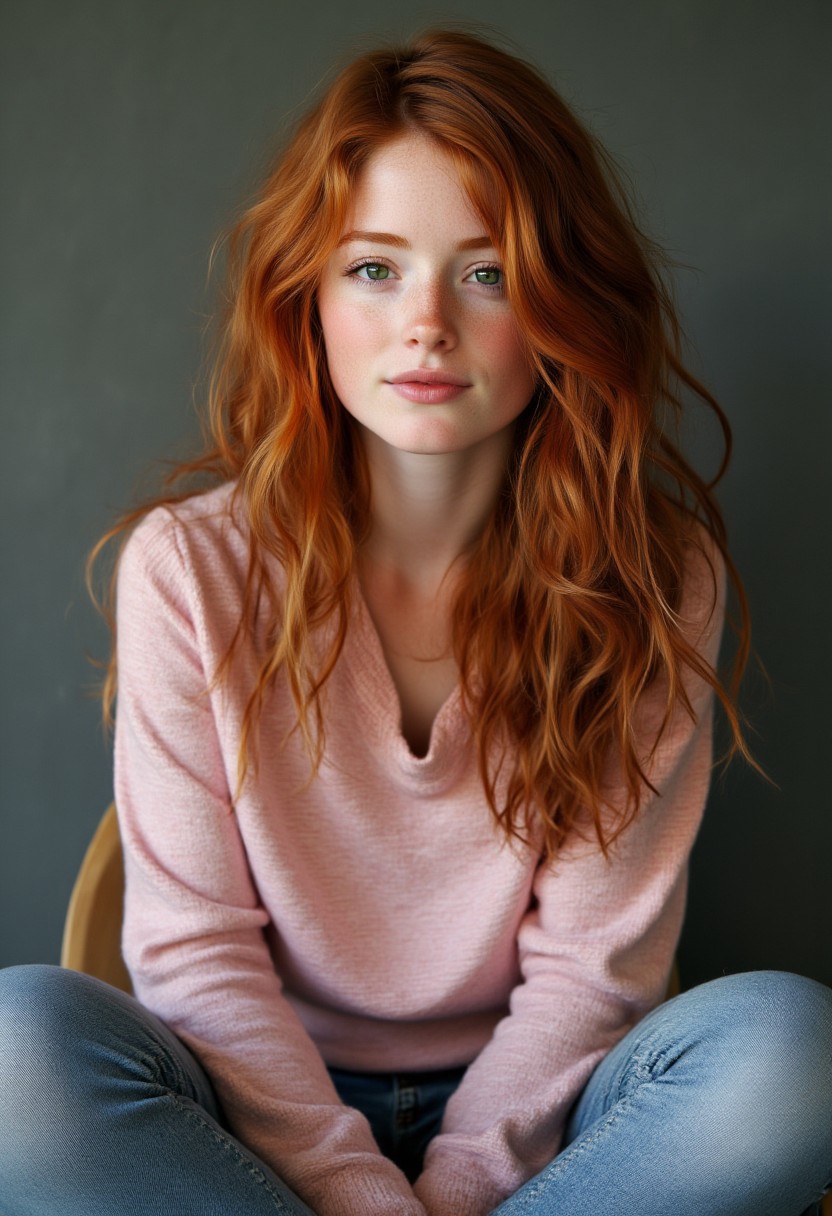 FictionalSabrina A red head girl with green eyes, sitting in a chair wearing a pink shirt and blue jeans
