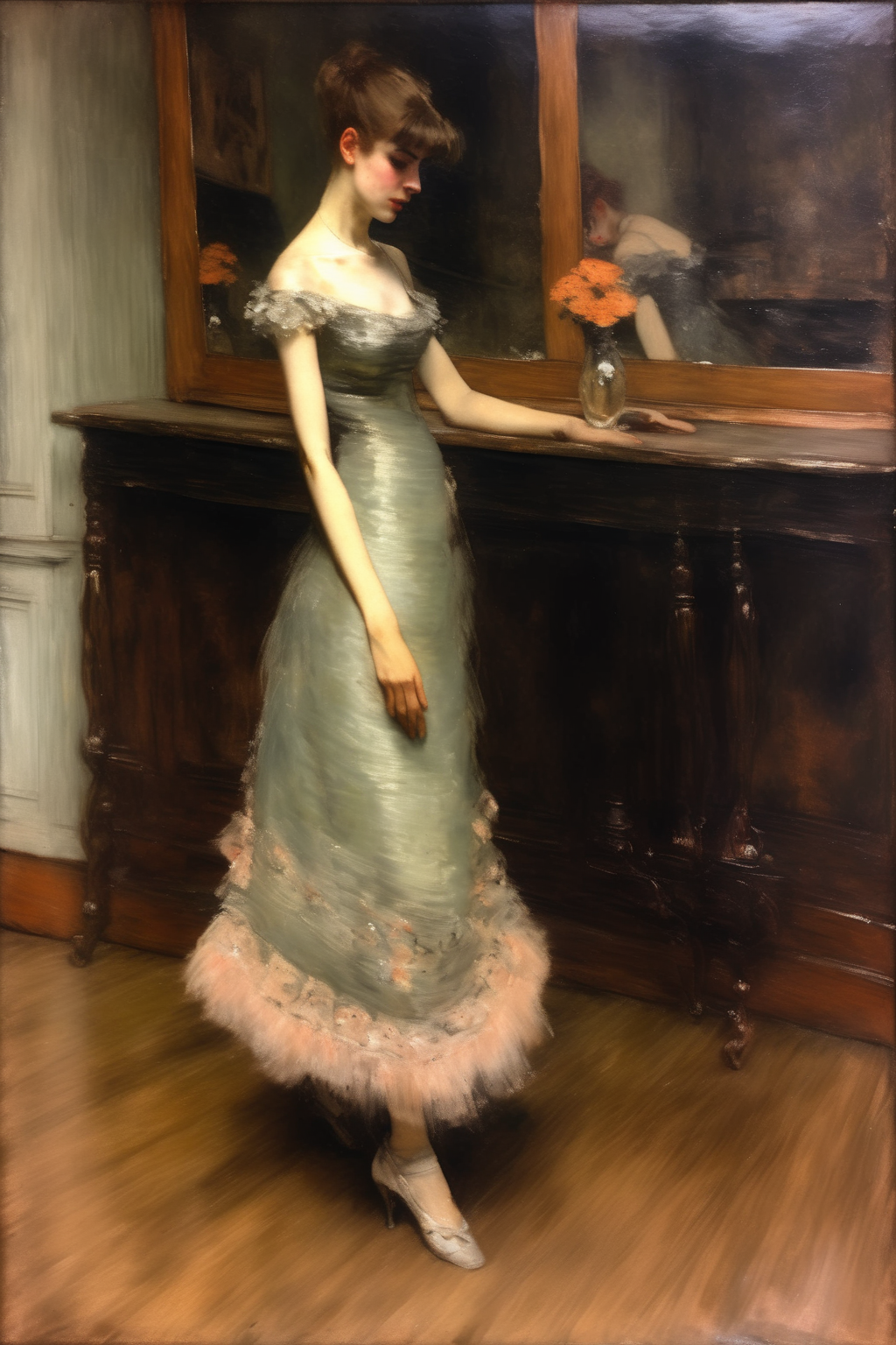 <lora:William Merritt Chase Style:1>William Merritt Chase Style - vintage oil painting Decadent Young Woman After the Dance