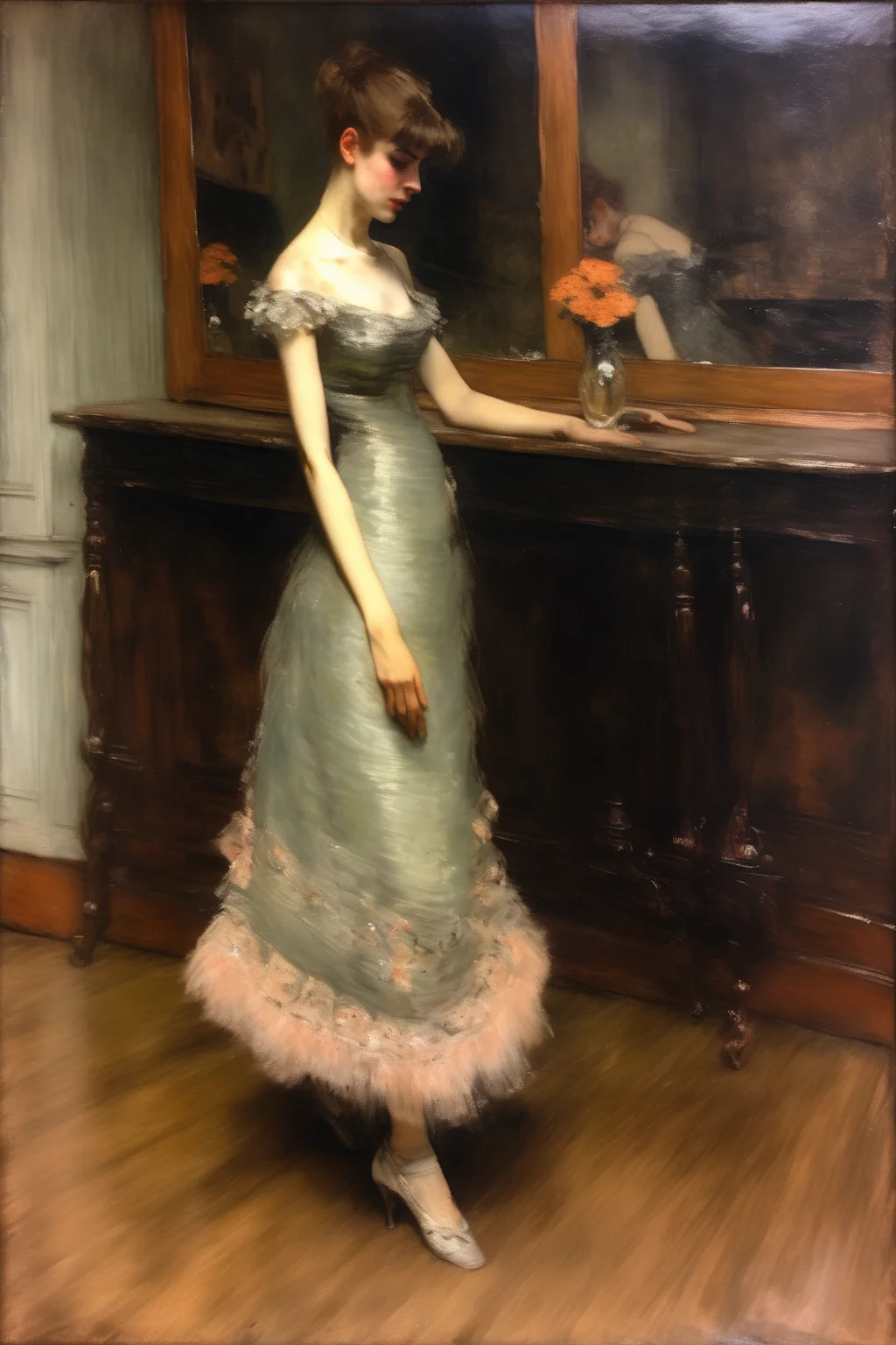 <lora:William Merritt Chase Style:1>William Merritt Chase Style - vintage oil painting Decadent Young Woman After the Dance