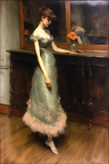 <lora:William Merritt Chase Style:1>William Merritt Chase Style - vintage oil painting Decadent Young Woman After the Dance