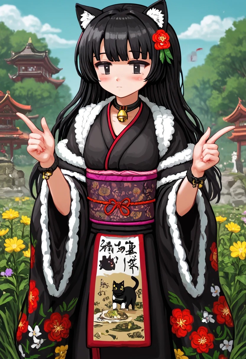 score_4,score_5,score_6,score_7_up,score_8_up,score_9
((masterpiece,best quality,ultra detailed,highres,HD,4k:1.2)),
1girl, petite,young,animal ears, japanese clothes, black hair, kimono, solo, cat ears, hair flower, hair ornament, neck bell, long hair, bell, flower, black eyes,sanpakugan, narrow pupils,black kimono,