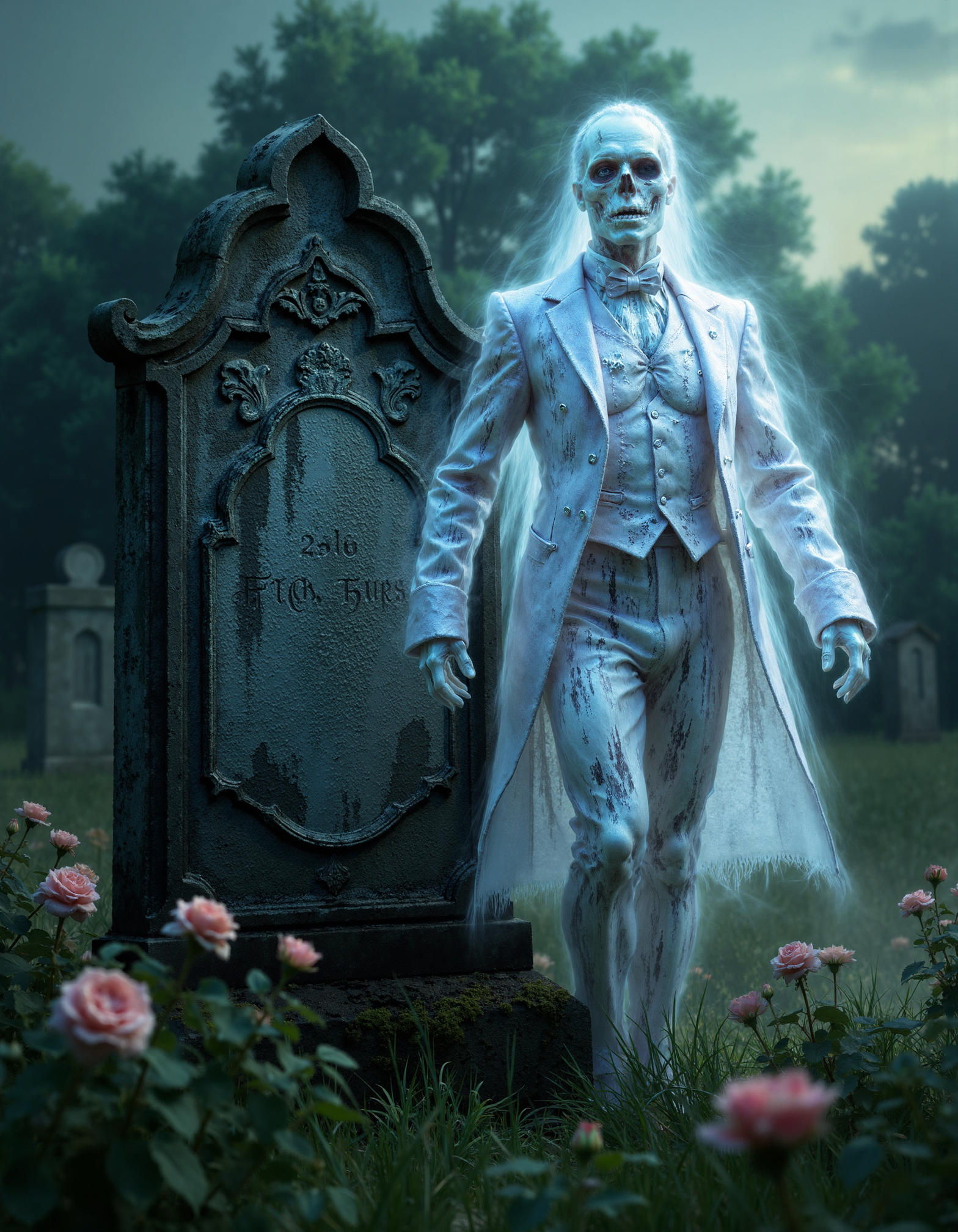 zavy-ghst, Low-angle shot from behind a weathered tombstone, a male ghost dressed in a tattered Victorian suit, his transparent form shimmering with an ethereal glow, hovering above a lush overgrown garden dotted with wilting roses. Captured in a surrealistic photographic style reminiscent of old fairytales, the color palette is an enchanting mix of deep emerald greens, soft lavender hues, and a touch of shimmering silver that dances in the twilight.
