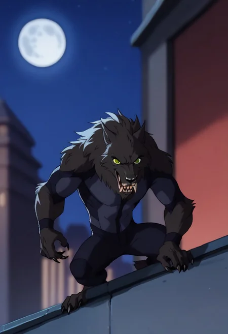 Score_9, score_8_up, score_7_up, score_6_up, SpecStyle, <lora:SpecPony:1.1>, wide shot, BREAK, 
1boy, Werewolf, (furry male, solo, black fur, animal ears, yellow eyes, sharp teeth, claws), 
red sky, full moon, night, blurry background, building, blurry, parody, green eyes, 1boy, solo, outdoors, day, full_body, male focus, posing, bodysuit, on rooftop, leaning against rooftop door,