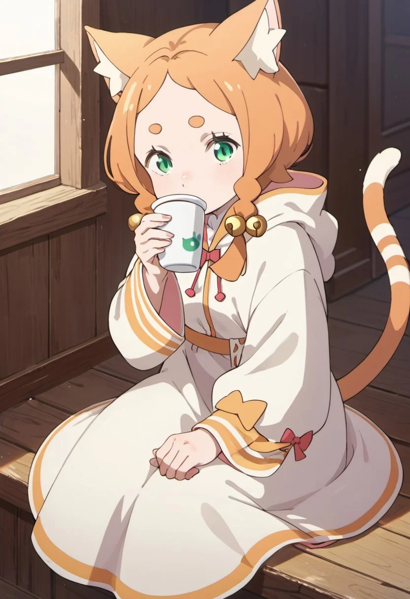 score_9, score_8_up, score_7_up, source_anime, mimi pearlbaton, animal ears, twin braids, bell hair ornament, cat ears, orange hair, green eyes, 1girl, solo, dress, :o, forehead, bell, tail, cat tail, hair ornament, hood, cup, sitting