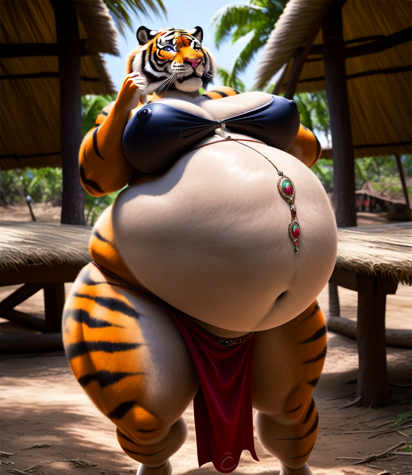 anthro, tiger, solo, female, adult, loincloth, jewelry, nipple cover, realistic fur, detailed background, tribal village background, realistic, photorealistic, ultra realistic, 8k, hyper hips, hyper belly, <lora:Inflation06FluffyRock:0.8>