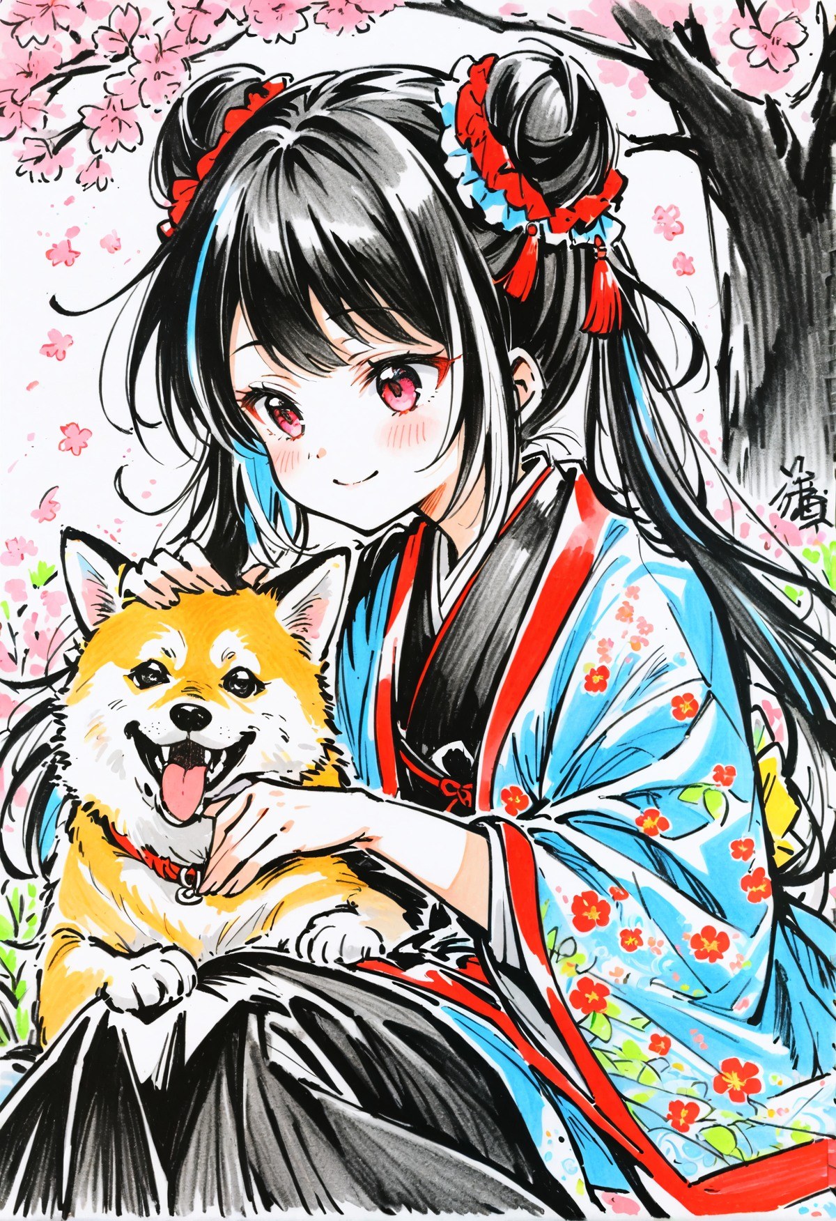 1girl, pencil scetch portrait painting with messy lines, cute, JiaXichunLimbus, long hair, twintails, multicolored hair, black hair, white hair, double bun, pink eyes, chinese clothes, black clothes, china dress, red sleeves,  traditional media, Charcoal drawing, colored crayons, black pencil drawing, pencil drawing, black and white drawing, graphite drawing, colored pencil, bold lines,  solo, sitting, smile,  animal, blush, cherry blossoms, closed mouth, dog, shiba inu, looking at animal, headpat, petting, floating hair, flower, sunlight, torii, tree,   (haori,  blue haori, japanese clothes, kimono, official alternate costume, white kimono:1.2), <lora:character\JiaXichun_Limbus.safetensors:1.4:0.8> <lora:styles\Black_pencil_drawing-000001.safetensors:0.67:0.67>