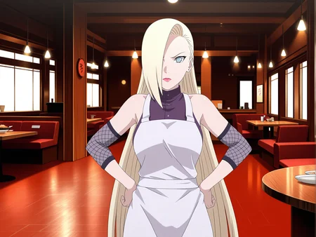 1girl ino yamanaka, blank period, chef uniform, angry, serious, lipstick, cute face, purple high-collared blouse, mesh arm warmers, white apron, toeless footwear, indoors, restaurant, fancy atmosphere, dining room, table, serving customers, arms on hip, looking at viewer, dramatic lighting, upper body, cowboy shot, <lora:ino_yamanaka_ixl_rc1-000006:1>, masterpiece,best quality,amazing quality,