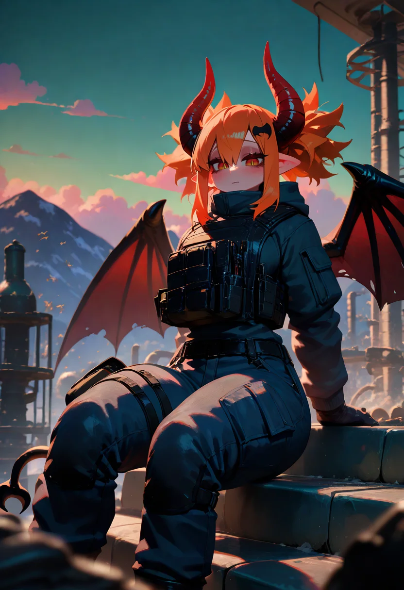 1girl, (monster girl, succubus), red horns, bat wings, orange hair, medium hair, pointy hair,
BREAK 1girl, sitting on couch, hands behind back,
BREAK (goth, goth fashion), (bulletproof vest, combat pants), holster on the thigh, black gloves, wind, industrial duct, factory, ladder, stairs, outdoor, dawn, green sky, red cloud, mountain, gear, post-apocalypse, overgrown, blurry foreground, (science fiction, cyberpunk),
BREAK general, (zyugoya:0.8), (blender (medium), 3d \(artwork\), blender \(artwork\):1.3), cosplay, <lora:cosplay photo-noob-V1:0.5>, masterpiece, best quality, absurdres, highres, newest, <lora:ponyv5_noobV065S_1_adamW:0.7>, <lora:lora:0.4>, <lora:Unstable_v1.0:0.4>