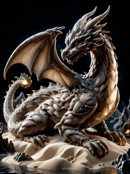 award-winning photography of a dragon with smoldering scales made of ral-sand and ral-obsdn, glowing, whimsical, enchanted, magical, fantasy art concept, intricate details, masterpiece, best quality, realism, hyper realistic ral- <lora:ral-obsdn-sdxl:0.8> <lora:ral-sand-sdxl:0.6>
