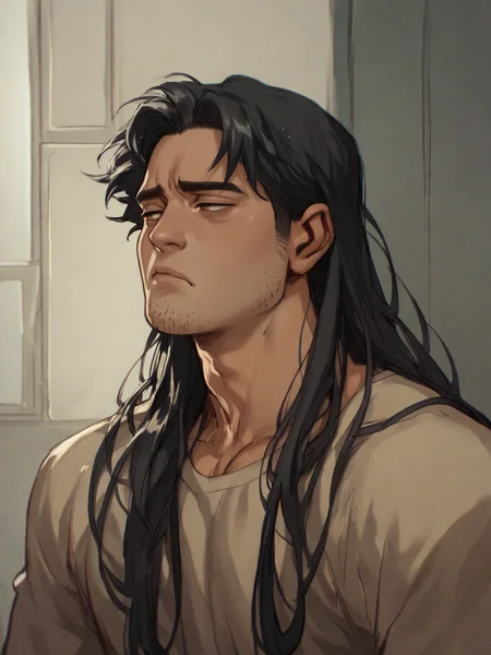score_9, score_8_up, score_7_up, score_6_up, score_5_up,  <lora:Th1sUs3rXLP:1> th1sus3r, 1boy, (long hair), tan, stubble, black hair, tired,