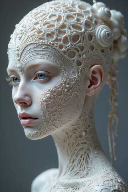 Hyperrealistic art RAW analog photo of a white shining porcelain woman figure, synthetic, strange, very intricate, ((looking at viewer)), (sharp focus, hyper detailed, highly intricate, physically based unbiased rendering), natural lighting. Extremely high-resolution details, photographic, realism pushed to extreme, fine texture, incredibly lifelike, cinematic, 35mm film, 35mm photography, film, photo realism, DSLR, 8k uhd, hdr, ultra-detailed, high quality, high contrast