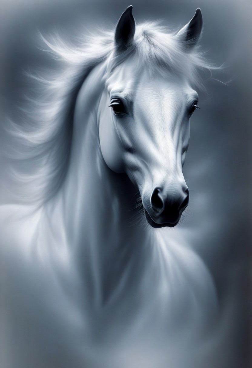 novuschroma style, a galloping horse with fluttering mane in wispy vapor