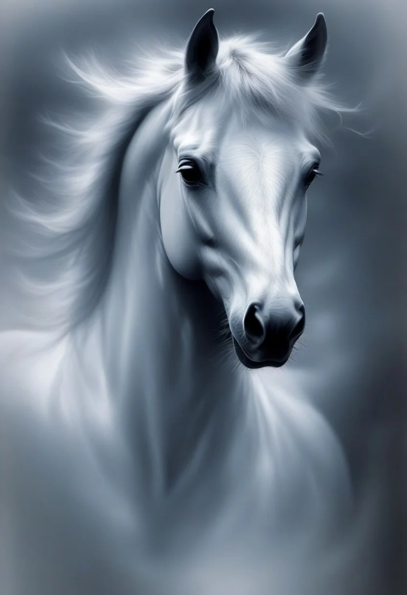 novuschroma style, a galloping horse with fluttering mane in wispy vapor