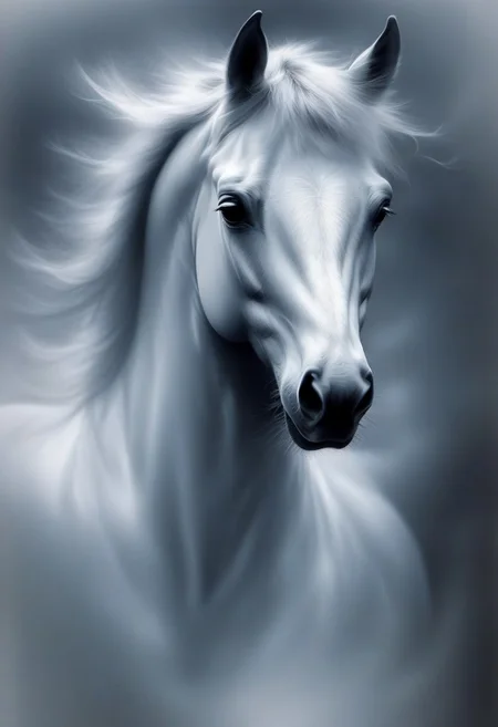novuschroma style, a galloping horse with fluttering mane in wispy vapor