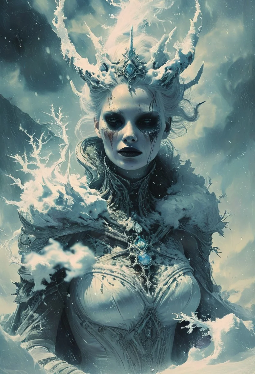 divinity's creature a queen of snow, like a cruel portrait on a fateful eve, detailed, high resolution, eerie, atmospheric, foreboding