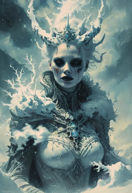 divinity's creature a queen of snow,  like a cruel portrait on a  fateful eve, detailed, high resolution, eerie, atmospheric, foreboding