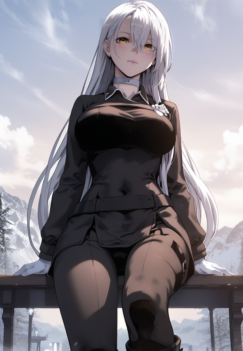zPDXL3, score_9_up, score_8_up, score_7_up, (Anime_source),Masterpiece,(perfect female body:1.2), small waist, (incredibly detailed:1.4), slim, beautiful fingers, beautiful white skin, Beautiful clear skin, (large breasts:1.4)  looking at viewer, big breasts, ass, perfect ass, <lora:Dakia_Irimel_-_The_Priest_of_Corruption-Kaleid_PONY:0.9> dakiairimel, 1girl, white hair, yellow eyes, long hair, hair between eyes, choker, boots, knee boots, belt, white gloves, black pants, black shirt, sitting,  from below, looking down,