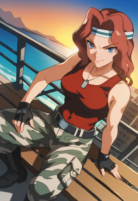 score_9, score_8_up, score_7_up, score_6_up, score_5_up, score_4_up, source_anime, <lora:PMVGFT:0.9>, PMVGFT, medium breasts, red hair, long hair, blue eyes, v-shaped eyebrows,
headband, red tank top, camouflage pants, belt, dog tags, fingerless gloves, covered navel, black boots,
smile, closed mouth, looking at viewer, sitting, on bench, dutch angle, handrail, (legs apart:0.9), from above, 
BREAK dusk, sunset, sunlight, outdoors, cityscape, ocean,