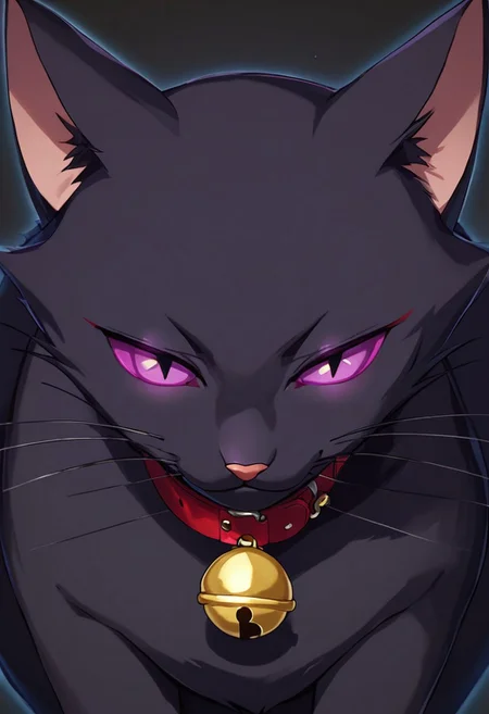 score_9, score_8_up, score_7_up, best quality, solo, D4RK3RTH4NBL4CK, Mao, black cat, purple sclera, black pupil, red collar, golden cat bell