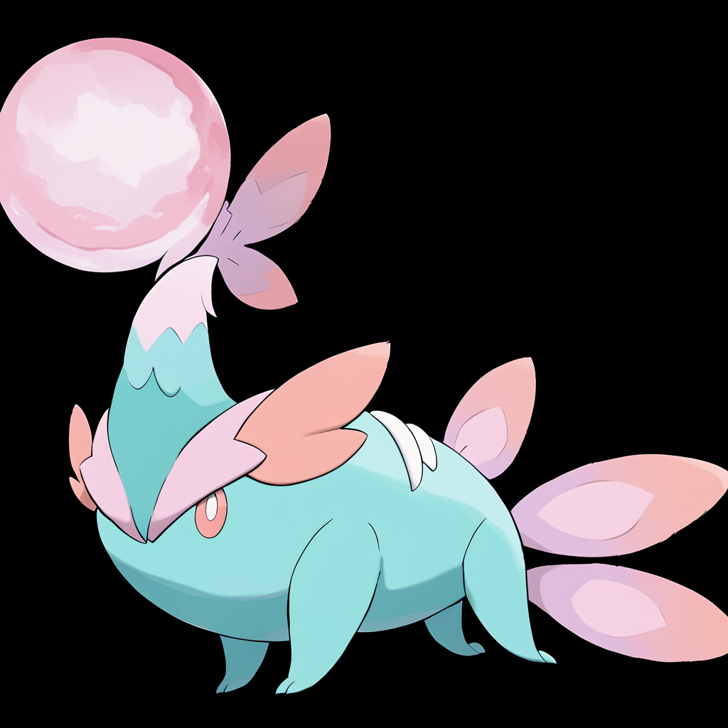 <lora:pokemon_pony_xl:1>, watercolor creature art like pokemon, Type: Psychic, Type: Bug, Egg Group: Ditto, is a pokemon creature that Its feathers can detach and drift away as Pink embers carried by the wind to unknown destinations,Its veins pulse with a Pink glow visible through its translucent skin a network of life energy,Its breathing creates a Turquoise mist around its nostrils a sign of its Grass affinity,The creature's gait is silent, making it a formidable predator in its natural habitat,The monster's eyelids are fringed with yellow (orange:0.8) lashes that filter light and protect its vision from Ghost hazards score_9, score_8_up, score_7_up, score_6_up, score_5_up, score_4_up.  Simple black background, (Masterpiece:1.3) (best quality:1.2) (high quality:1.1)