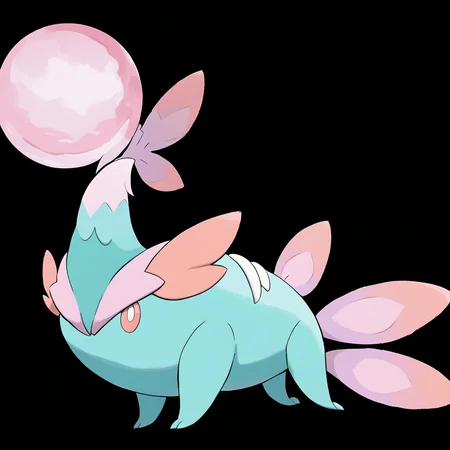 <lora:pokemon_pony_xl:1>, watercolor creature art like pokemon, Type: Psychic, Type: Bug, Egg Group: Ditto, is a pokemon creature that Its feathers can detach and drift away as Pink embers carried by the wind to unknown destinations,Its veins pulse with a Pink glow visible through its translucent skin a network of life energy,Its breathing creates a Turquoise mist around its nostrils a sign of its Grass affinity,The creature's gait is silent, making it a formidable predator in its natural habitat,The monster's eyelids are fringed with yellow (orange:0.8) lashes that filter light and protect its vision from Ghost hazards score_9, score_8_up, score_7_up, score_6_up, score_5_up, score_4_up. Simple black background, (Masterpiece:1.3) (best quality:1.2) (high quality:1.1)