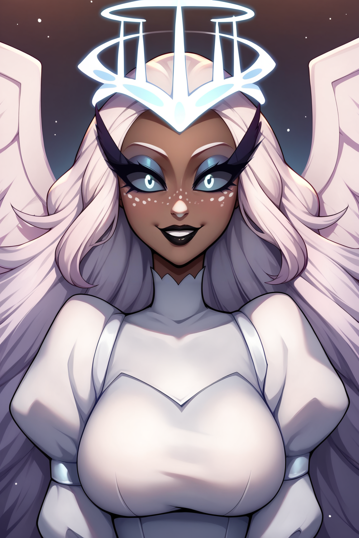 score_9, score_8_up, score_7_up, score_6_up, score_5_up, score_4_up, SeraHHXL, dark skin, colored skin, no ears, white nose, white freckles, long eyelashes, makeup, black lips, grey sclera, colored sclera, black pupils, white hair, long hair, halo, glowing halo, angel wings, large breasts, puffy sleeves, white dress, long slevees, solo, front view, (portrait, upper body), solo focus, seductive smile, looking at viewer, heaven  <lora:SeraHHXL:0.8>