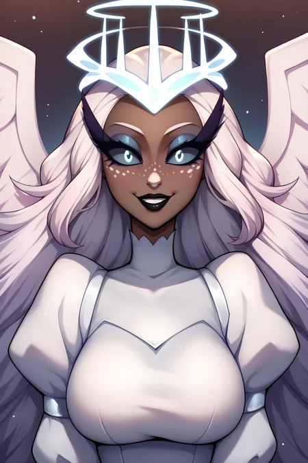 score_9, score_8_up, score_7_up, score_6_up, score_5_up, score_4_up, SeraHHXL, dark skin, colored skin, no ears, white nose, white freckles, long eyelashes, makeup, black lips, grey sclera, colored sclera, black pupils, white hair, long hair, halo, glowing halo, angel wings, large breasts, puffy sleeves, white dress, long slevees, solo, front view, (portrait, upper body), solo focus, seductive smile, looking at viewer, heaven <lora:SeraHHXL:0.8>