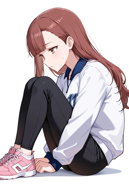 masterpiece,high quality details, absurdres,
<lora:Nagisa_Satou:0.8>
nagisa_cnr, 1girl, brown hair, long hair, blunt bangs, asymmetrical bangs, brown eyes,
sportswear, white shirt, white jacket, long sleeves, black pants, pink sneakers,, simple background, white background, from side,solo,, in heat,despair,
