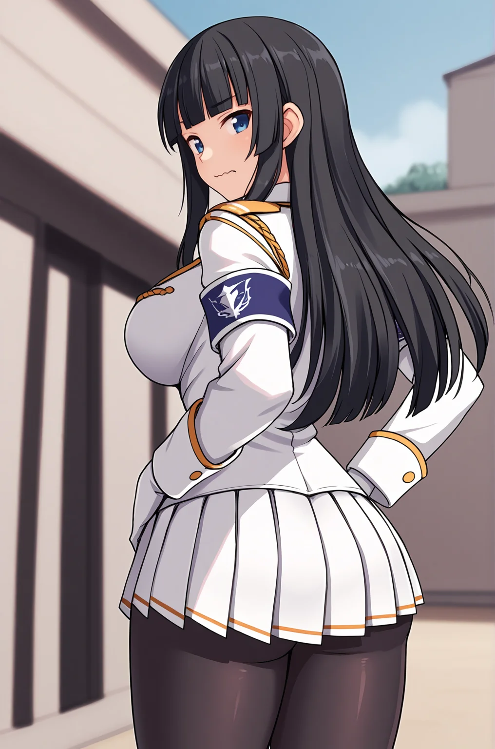 anime artwork, score_9, score_8_up, score_7_up, source_anime, BREAK, thick outline, fat outline,
Ikaruga_XL, long black hair, blunt bangs, hime cut, dark blue eyes, large breasts, BREAK, Ikaruga_Shinobi, white military uniform, golden buttons, golden epaulettes, black shirt, purple tie, long sleeves, armband, white gloves, white pleated skirt, black pantyhose, BREAK, outdoors, from back, back, hands on hips, looking back, wavy mouth,
<lora:Ikaruga_XL:0.7>
<lora:PersonalAmi_PonyXL:1.0>